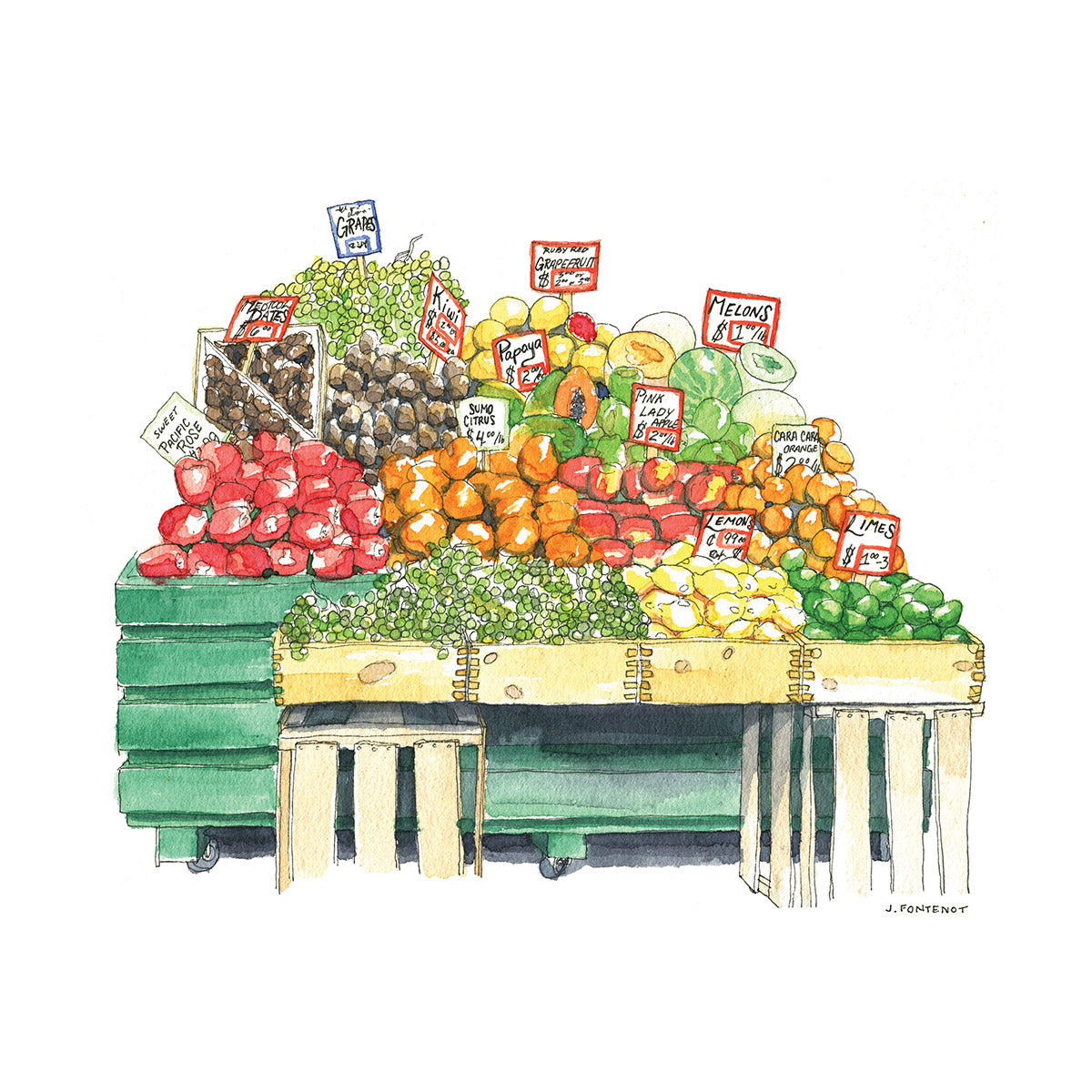 Watercolor painting and ink drawing of fruit produce stand at Pike Place Market. Apples, grapes, lemons, limes and melons laid out on top of a green stand. Food wall art for kitchen.