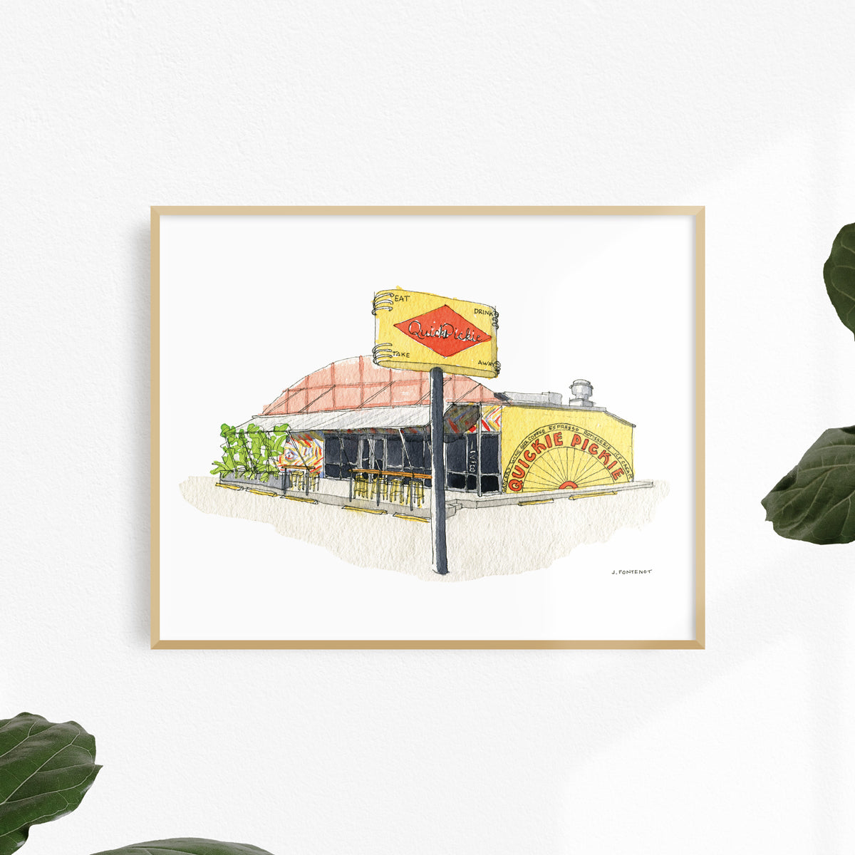 Watercolor painting and ink drawing of Quickie Pickie Store in East Austin, Texas art print framed on a white wall. Framed wall art