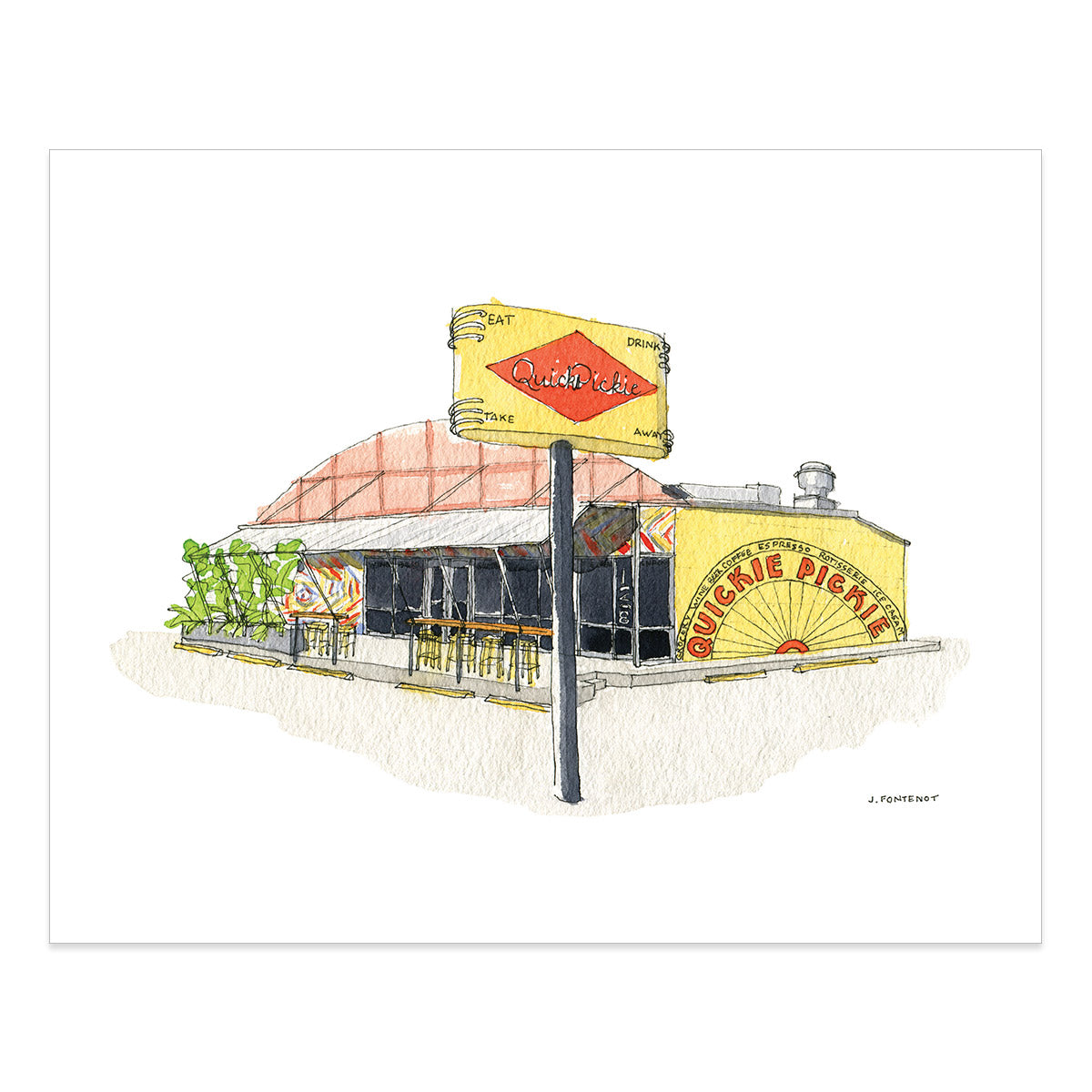 Watercolor painting and ink drawing of Quickie Pickie Store in East Austin, Texas art print with print edges shown on white background.