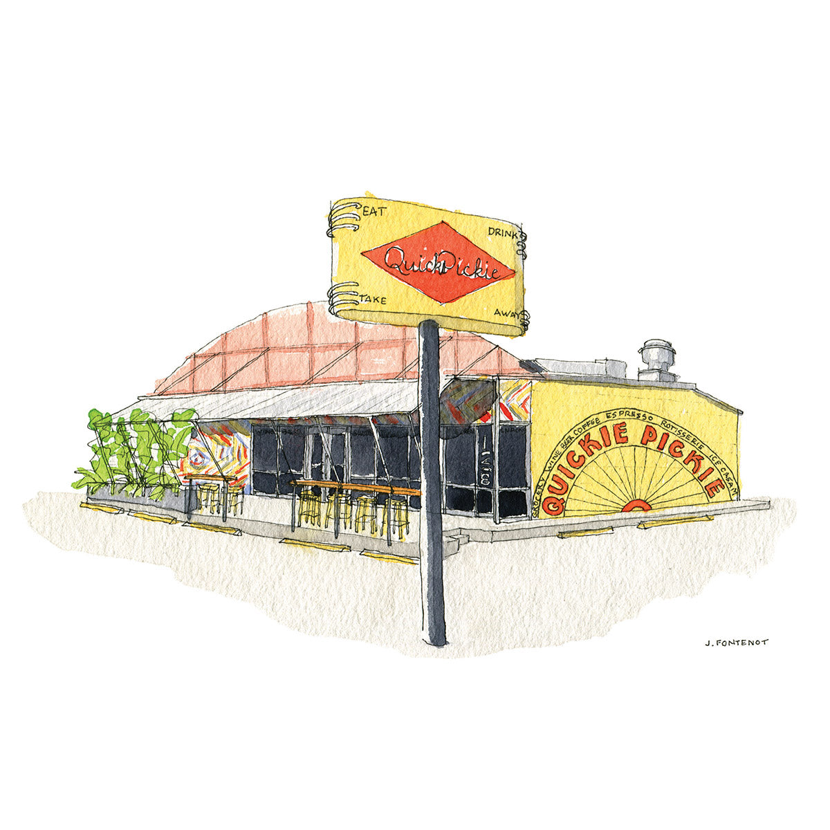 Watercolor painting and ink drawing of Quickie Pickie Store on East 11th in Austin, Texas. Red and yellow classic sign out front.