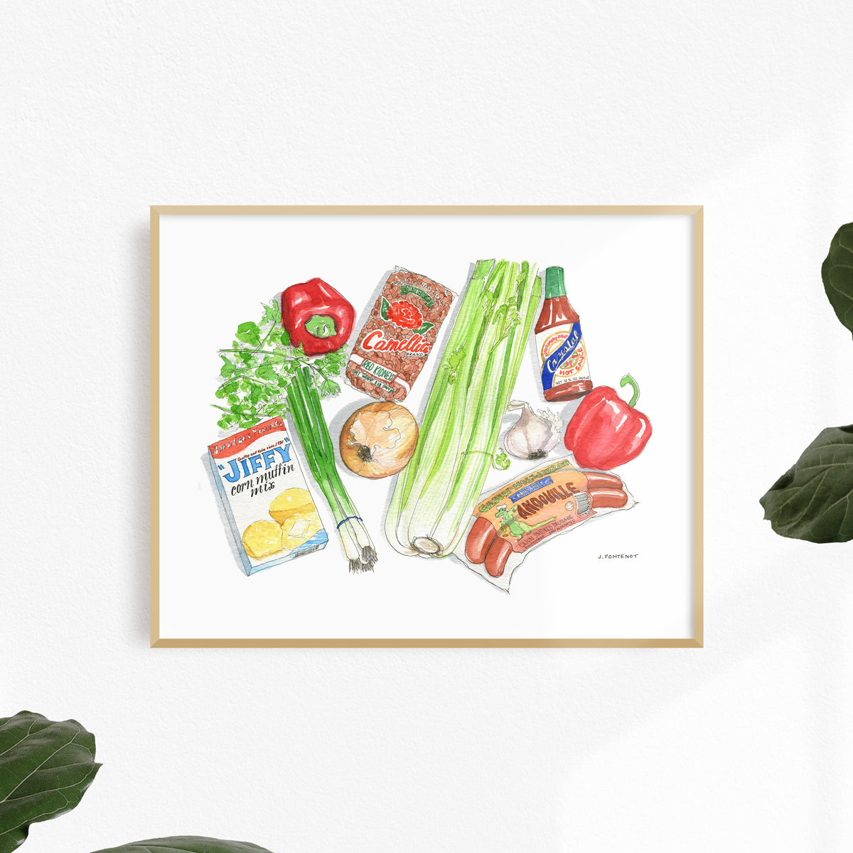 Watercolor painting and ink drawing of red beans and rice ingredients art print framed on a white wall. Framed wall art for kitchen.