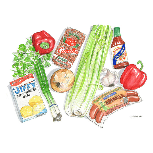 Watercolor painting and ink drawing of red beans and rice ingredients to cook. Wall art for the kitchen. Jiffy corn muffin mix, Camellia beans, Crystal hot sauce, celery, onion, red bell pepper, garlic, green onions, and andouille sausage.