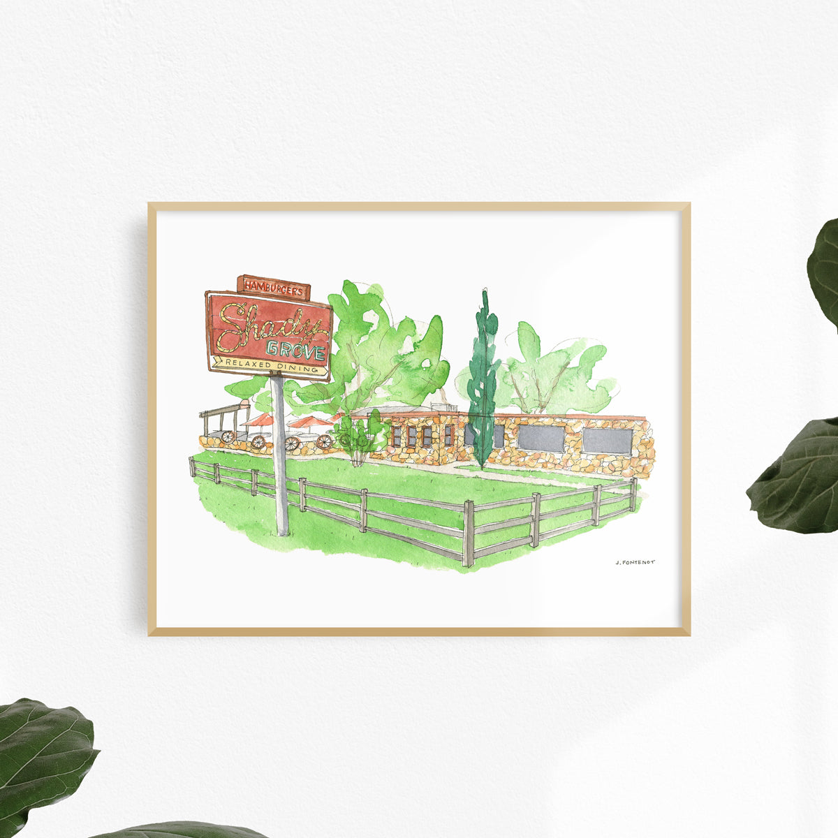 Watercolor painting and ink drawing of Shady Grove in Austin, Texas art print framed on wall. Framed wall art