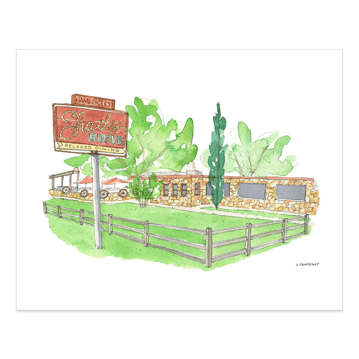 Watercolor painting and ink drawing of Shady Grove in Austin, Texas art print with print edges shown on white background.