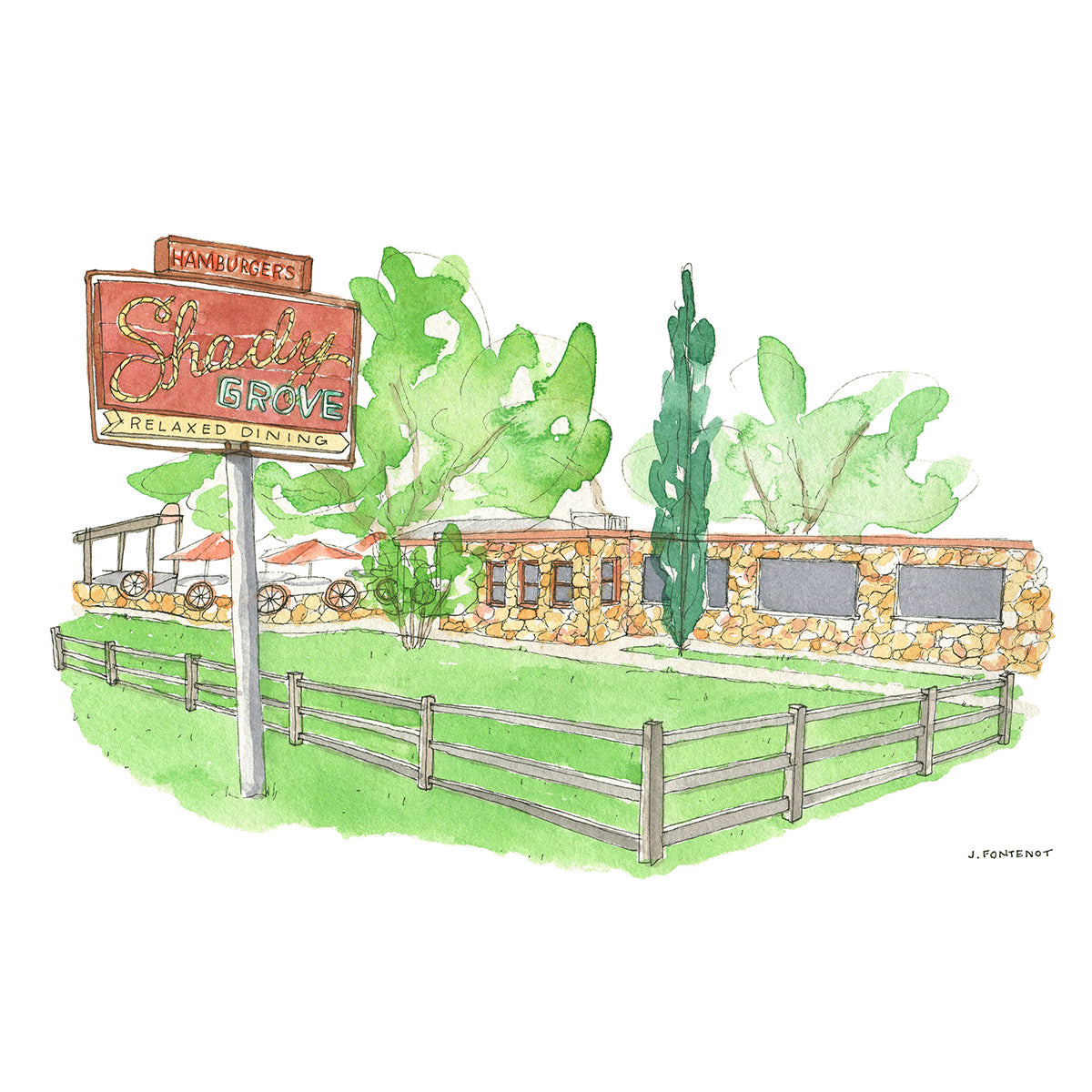 Watercolor painting and ink drawing of Shady Grove restaurant with old school sign out front in Austin, Texas