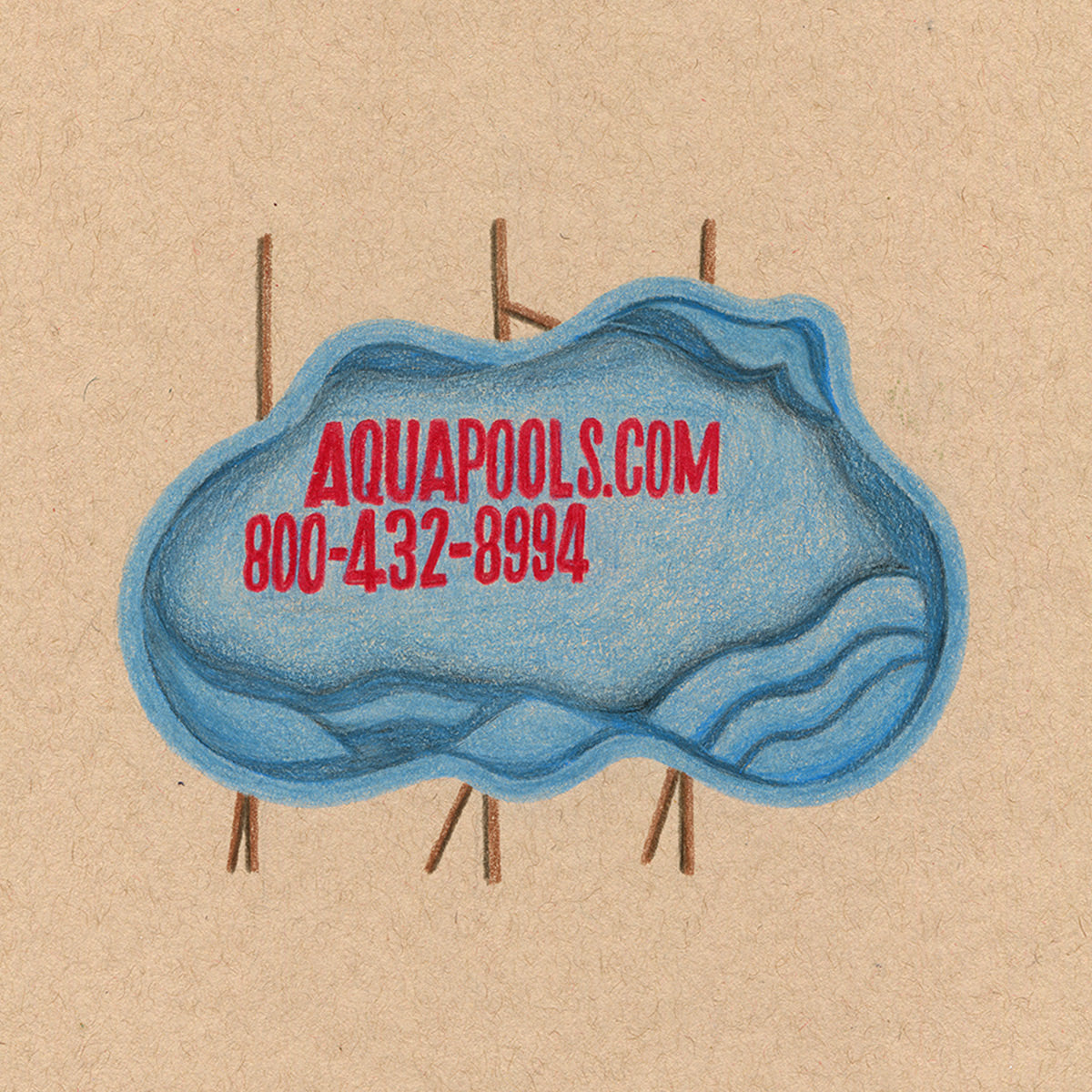 Colored pencil drawing on tan toned paper of a blue plastic pool shell on its side with red words printed on it for Aquapools.com. The pool shell is hung on a simple wood beams structure. 