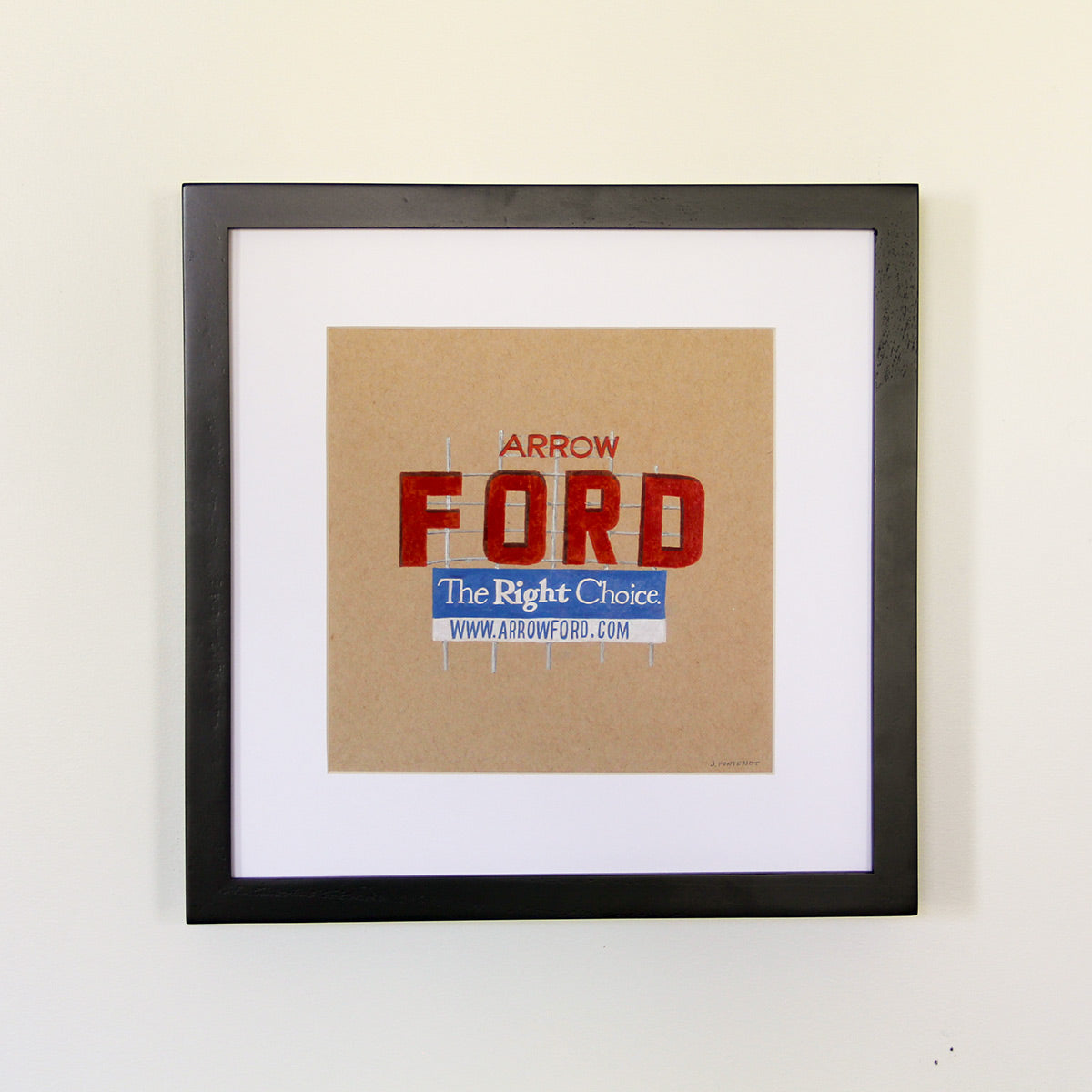 Framed artwork hung on white wall. Colored pencil drawing on tan toned paper of a red, blue and white road side sign with a 2 inch white matte around the art in a black wood frame. 