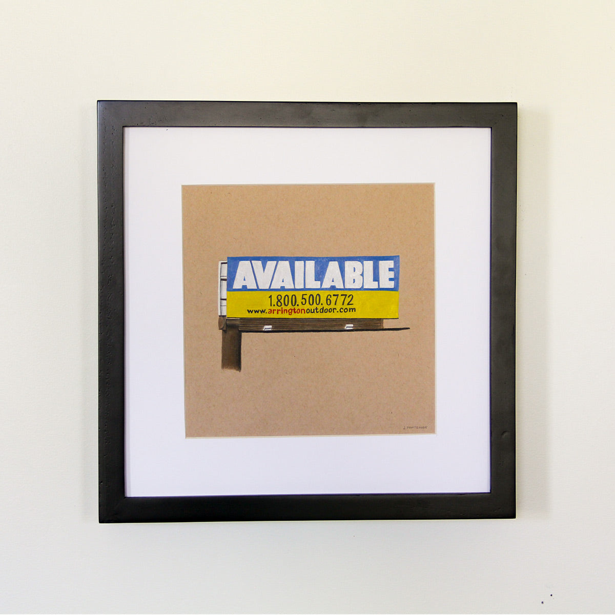 Framed artwork hung on white wall. Colored pencil drawing on tan toned paper of a blue and yellow billboard road sign with a 2 inch white matte around the art in a black wood frame. 