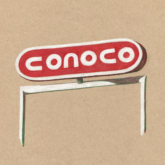 Colored pencil drawing on tan paper of an oval red and white sign with large white round letters that read "Conoco".