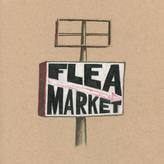 Colored pencil drawing on tan paper of a flea market road side sign with black letters on a white background with a faded red arrow pointing right. 