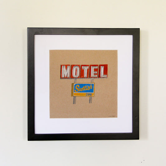 Framed artwork hung on white wall. Colored pencil drawing on tan toned paper of a motel road sign with a 2 inch white matte around the art in a black wood frame. 