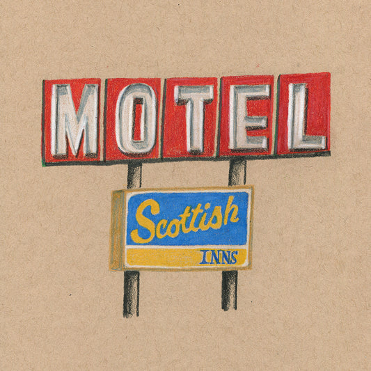 Colored pencil drawing on tan paper of a motel road sign. Large red rectangles with white letters that read "Motel" and a blue and yellow sign that reads "Scottish Inns".