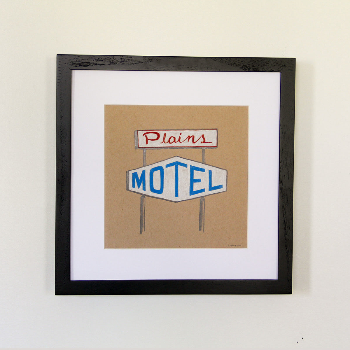 Framed artwork hung on white wall. Colored pencil drawing on tan toned paper of a red and blue motel sign with a 2 inch white matte around the art in a black wood frame. 