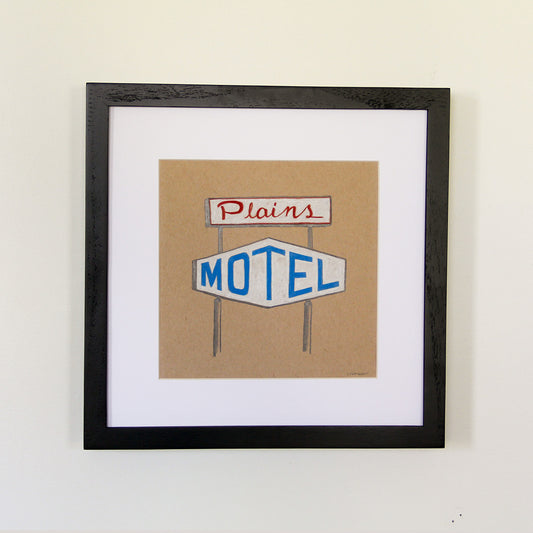 Framed artwork hung on white wall. Colored pencil drawing on tan toned paper of a red and blue motel sign with a 2 inch white matte around the art in a black wood frame. 