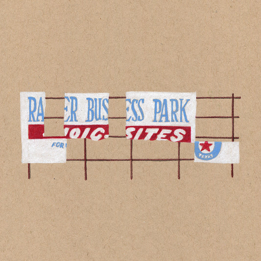 Colored pencil drawing on tan paper of dilapidated billboard sign in Texas that's white with blue letters and red highlights.