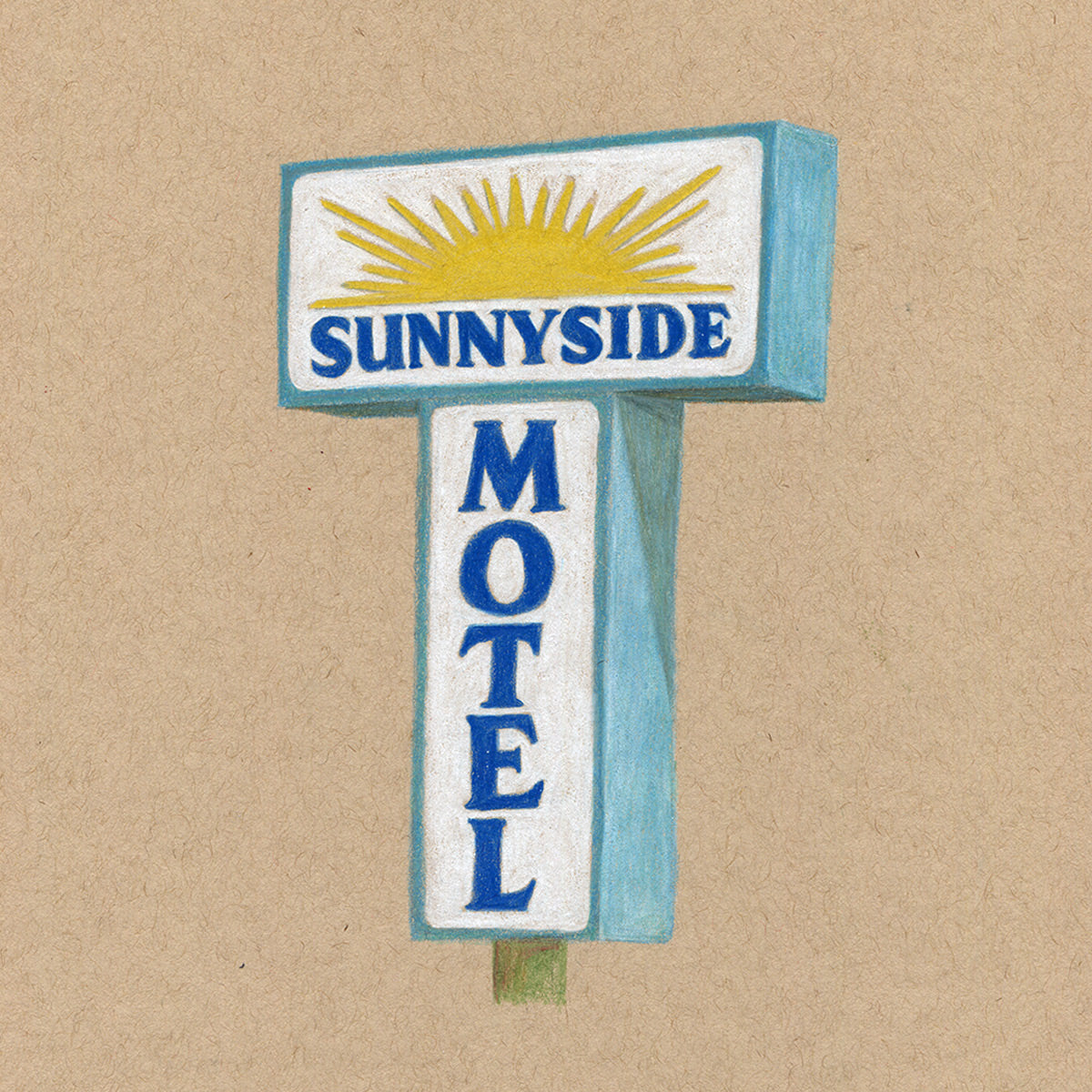 Colored pencil drawing on tan paper of a motel sign with a yellow sign and navy blue words that read "Sunnyside Motel". 