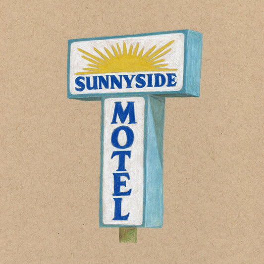 Colored pencil drawing on tan paper of a motel sign with a yellow sign and navy blue words that read "Sunnyside Motel".