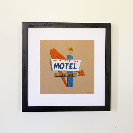 Framed artwork hung on white wall. Colored pencil drawing on tan toned paper of an orange and blue motel sign with a 2 inch white matte around the art in a black wood frame. 