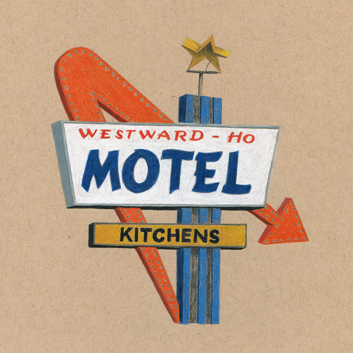 Colored pencil drawing on tan paper of a motel sign with a decorative orange arrow pointing right. Southwestern type in orange and navy blue on white.