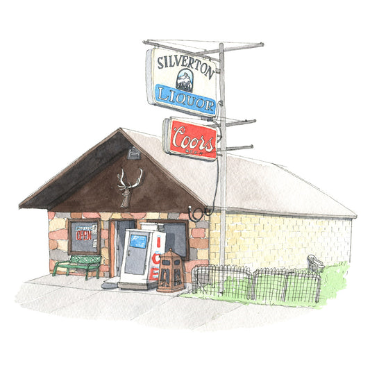 Original watercolor and ink drawing of a liquor store front in Colorado. Large sign out front with the store sign and a Coors Beer sign. Ice machine and bench out front. 