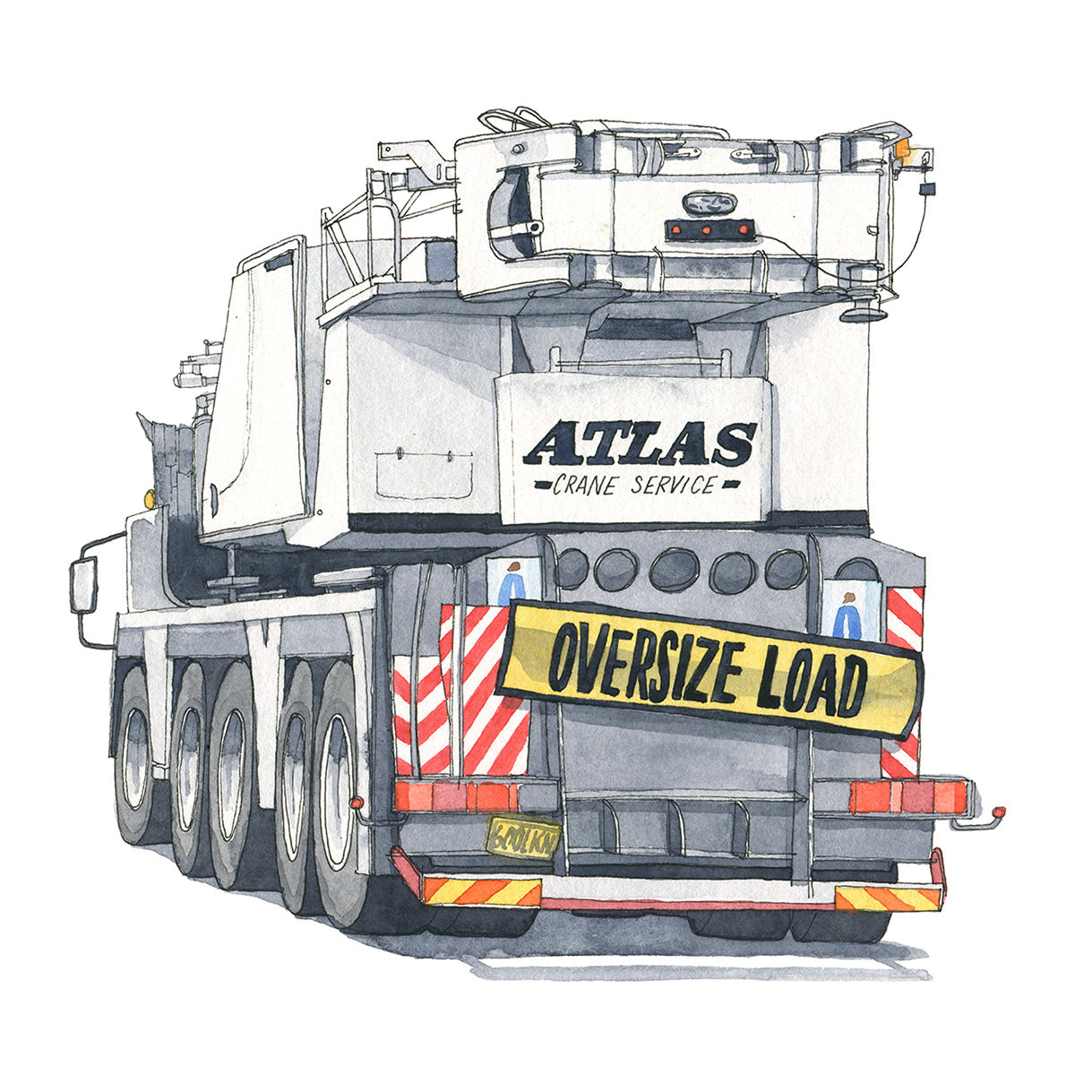 Watercolor painting and ink drawing of Atlas Crane Service truck with oversize load banner. Original artwork