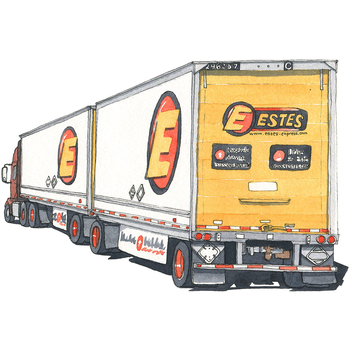 Watercolor painting and ink drawing of double Estes container truck. Original artwork