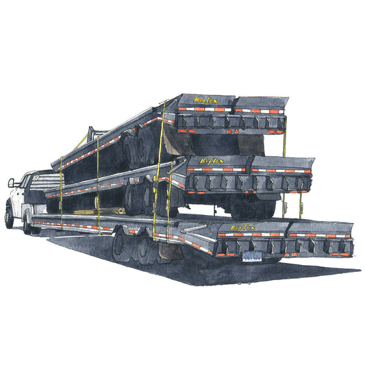 Watercolor painting and ink drawing of stacked flatbeds pulled by a white track. Original artwork.