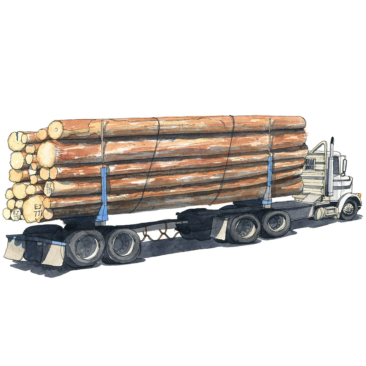 Watercolor painting and ink drawing of tree trunk logs cargo 18-wheeler truck. Original artwork