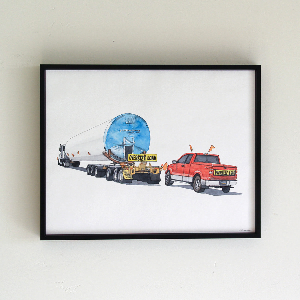 Framed original artwork hung on wall in thin black metal frame. Watercolor of oversize load 18-wheeler