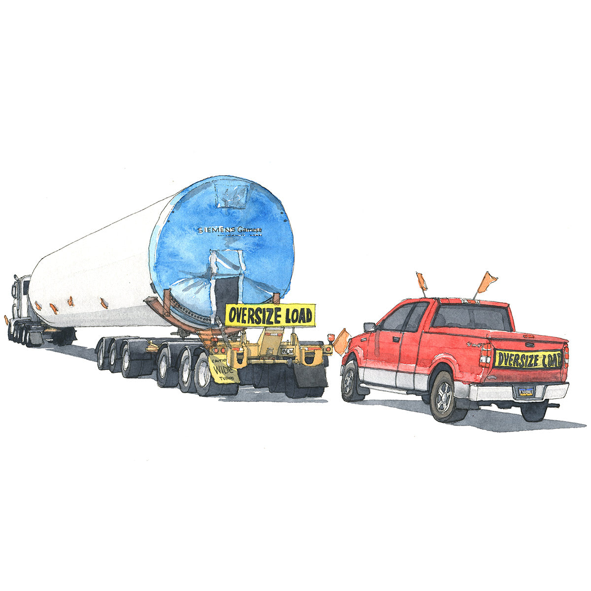 Watercolor painting and ink drawing of Oversize Load banner 18-wheeler with red truck following. Original artwork.