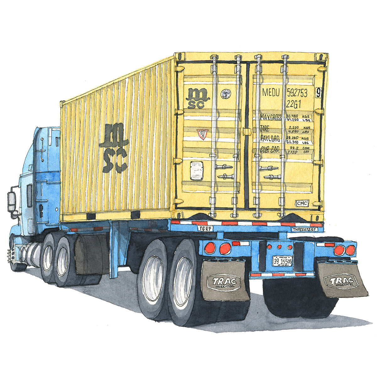 Watercolor painting and ink drawing of yellow container on blue flatbed of 18-wheeler truck. Original artwork