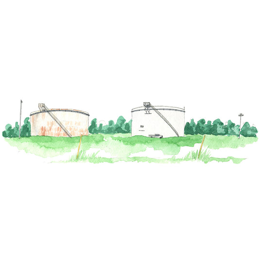 Original watercolor and ink drawing or large wide water tanks in a field with stairways wrapped around the tank to reach the top. Trees and grass surround the tanks.