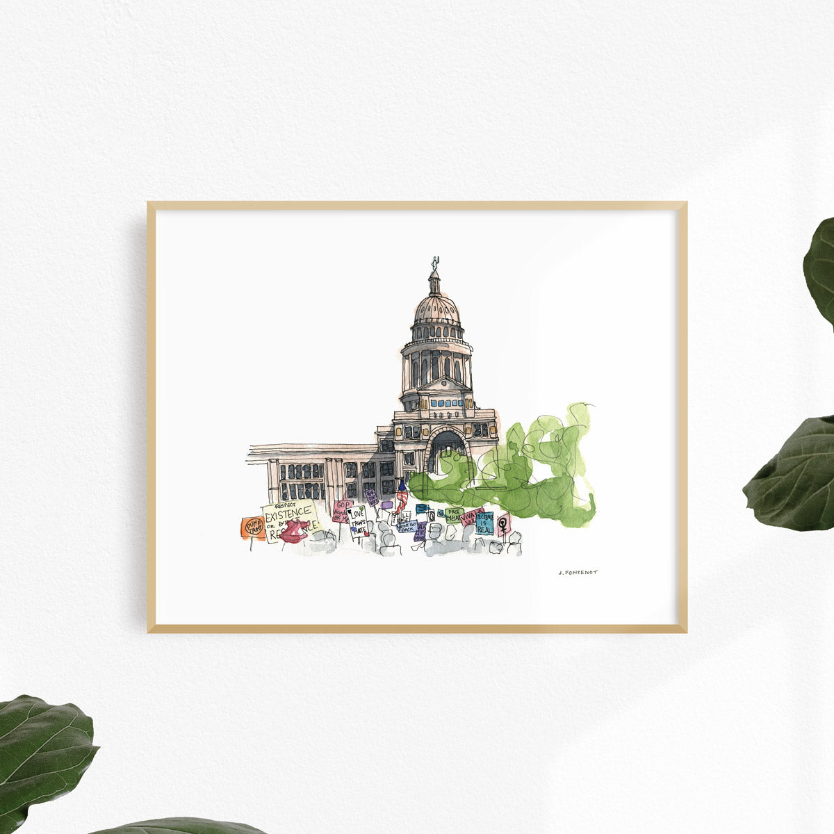 Watercolor painting and ink drawing of Women's March at Texas State Capitol art print framed on wall. Framed wall art for home