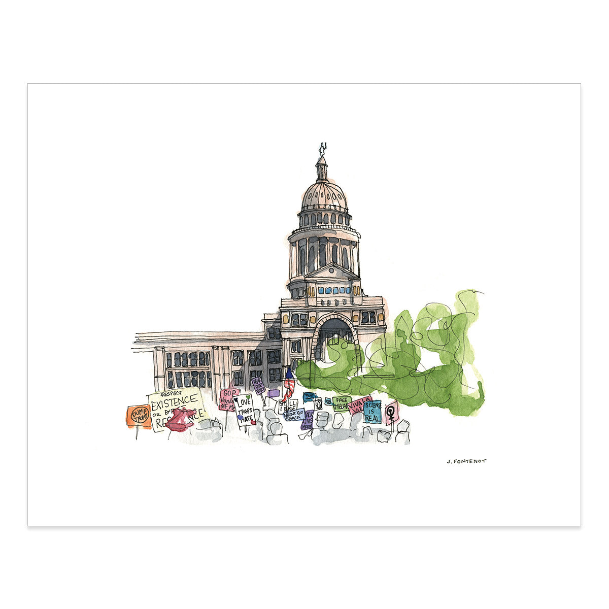 Watercolor painting and ink drawing of Women's March at Texas State Capitol art print with the print edges shown. 