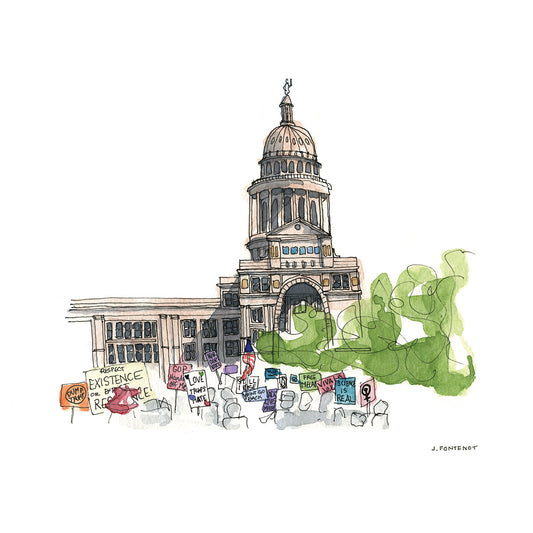 Watercolor painting and ink drawing of Texas State Capitol during Women's March 2017. Capitol building has trees in front with a crowd holding protest signs.